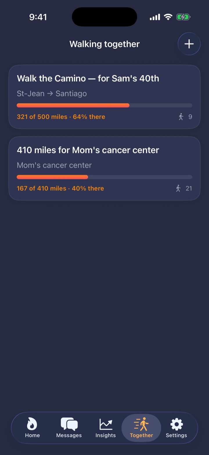 The Together tab showing two group step challenges — 'Walk the Camino' at 321 of 500 miles with 9 walkers, and '410 miles for a cancer center' at 167 of 410 miles with 21 walkers — each with a shared progress bar.