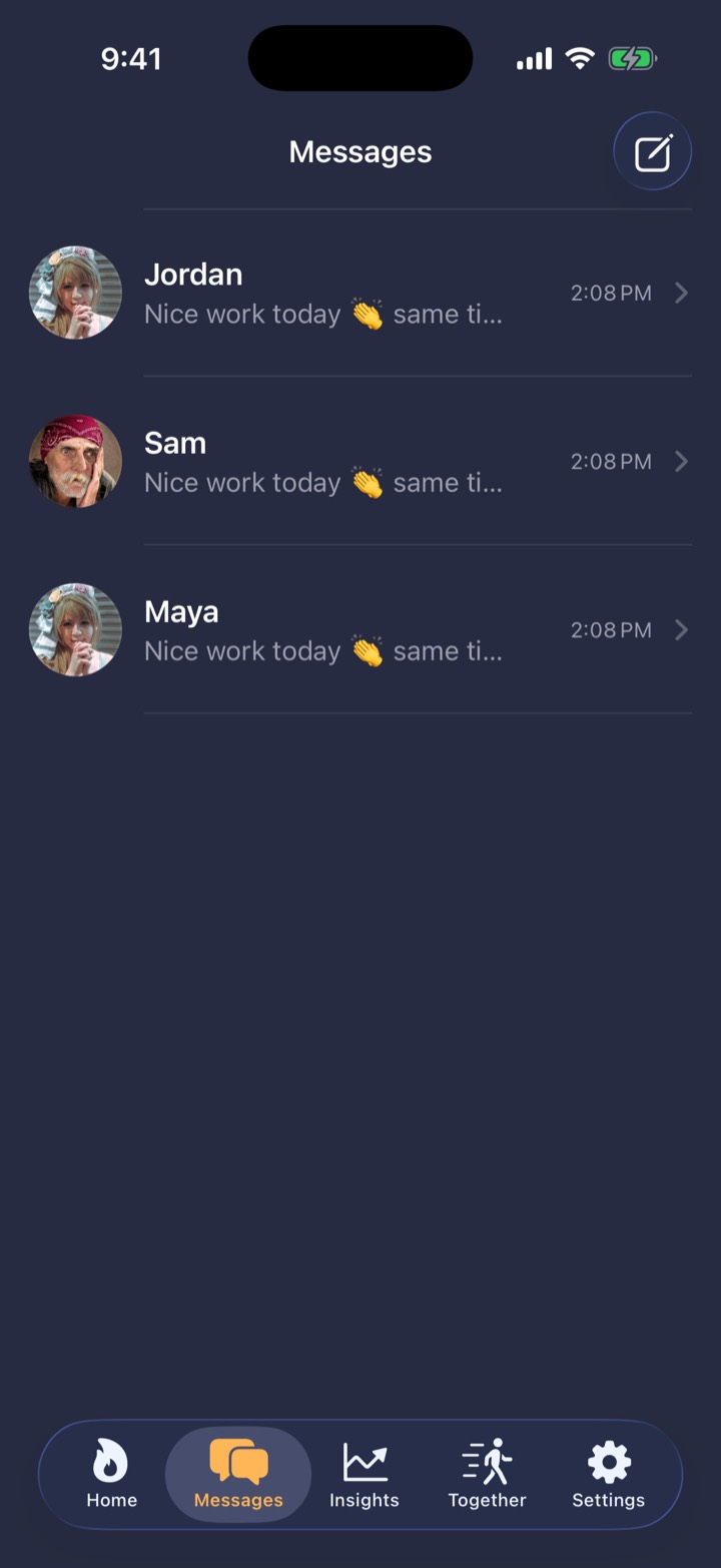 The Messages tab: a tidy inbox with a separate chat thread for Sam, Maya and Jordan, each showing the latest note and the time.
